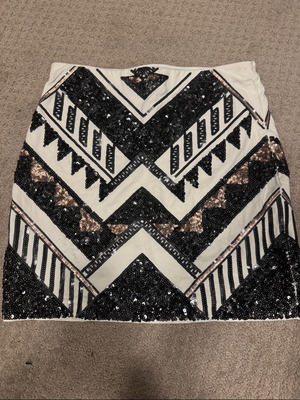Express White Mini Skirt with Black and Rose Gold Sequin Chevron Pattern